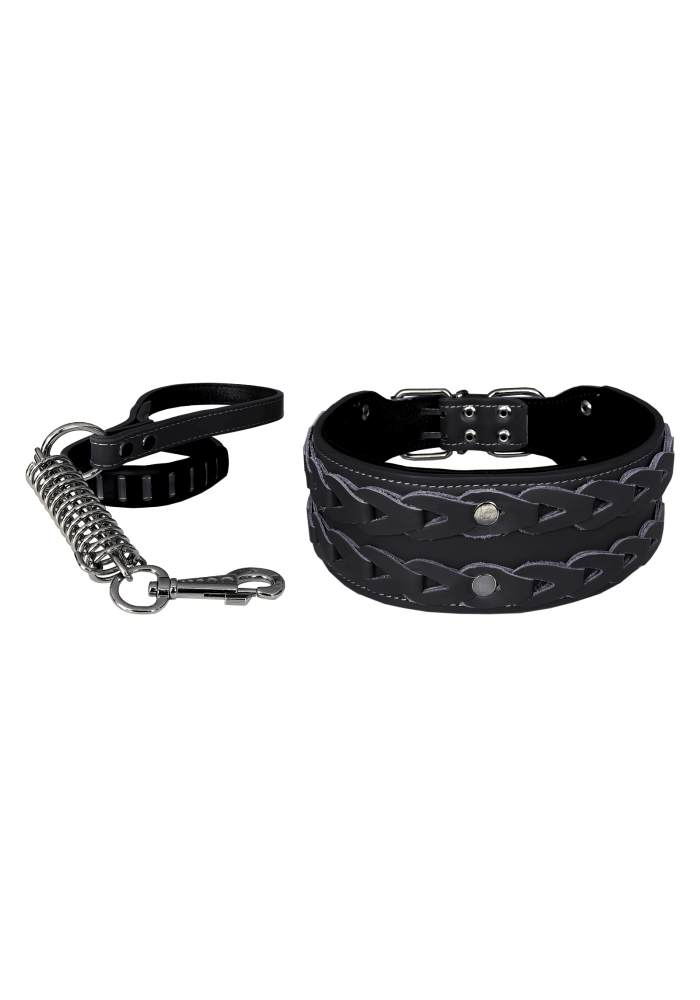 Markapet Elegance Deri İşlemeli Lüks Köpek Tasma Seti XL 7 cm*60-68 cm Siyah