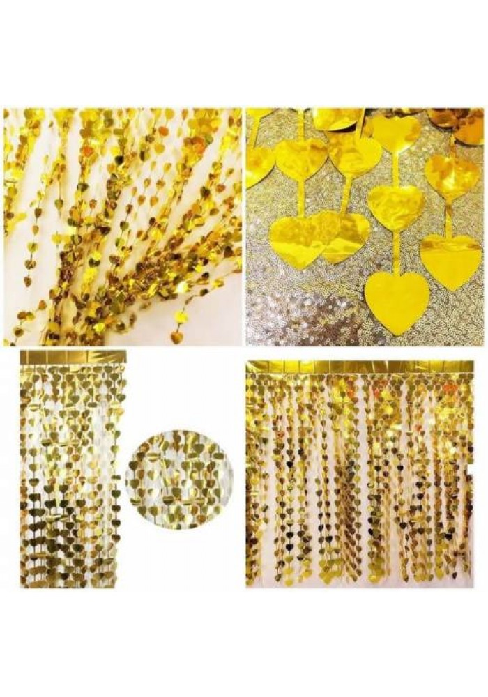 Altın Renk Kalp şekilli Metalize Saçaklı Arka Fon Perde Dekorasyon