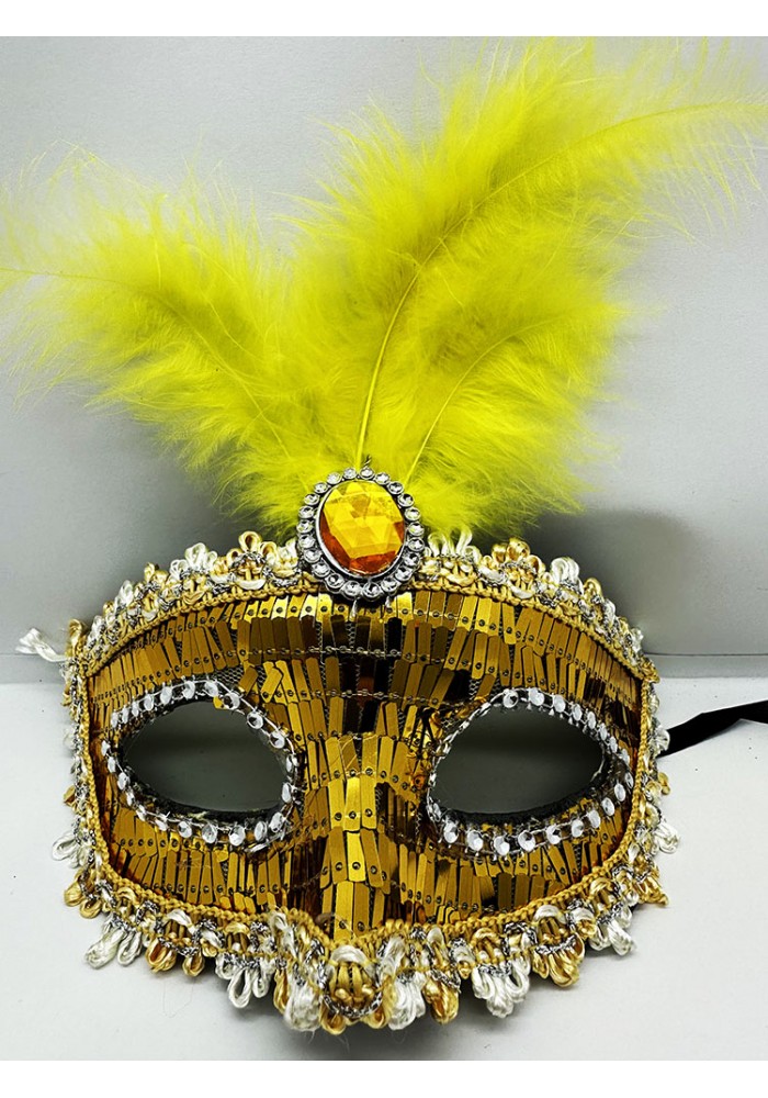 Altın Renk Payetli Pullu Tüylü Parti Maskesi 17x20 Cm