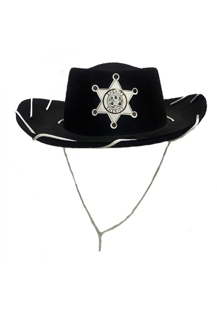 Beyaz Bağcıklı Siyah Renk şerif Rozet Baskılı Kovboy şapkası çocuk Boy
