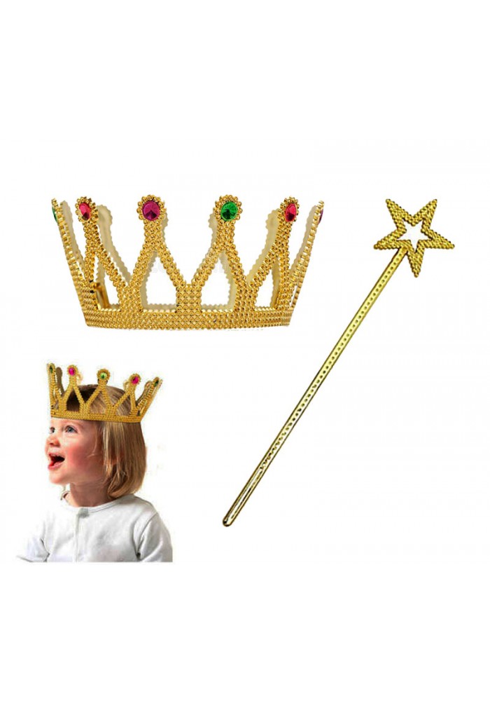 çocuk Boy Kraliçe Prenses Tacı Ve Yıldız Peri Asası Altın Renk