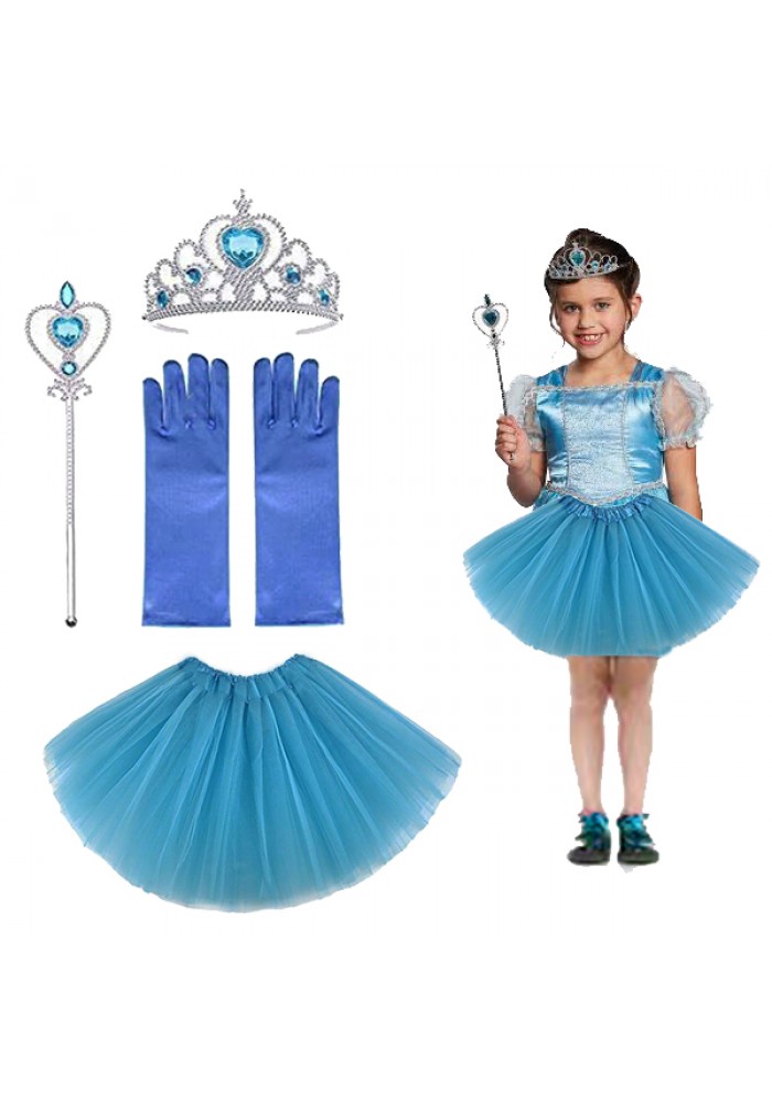 çocuk Elsa Kostümü Elsa Eteği Eldiveni Tacı Ve Asası 4 Lü Set