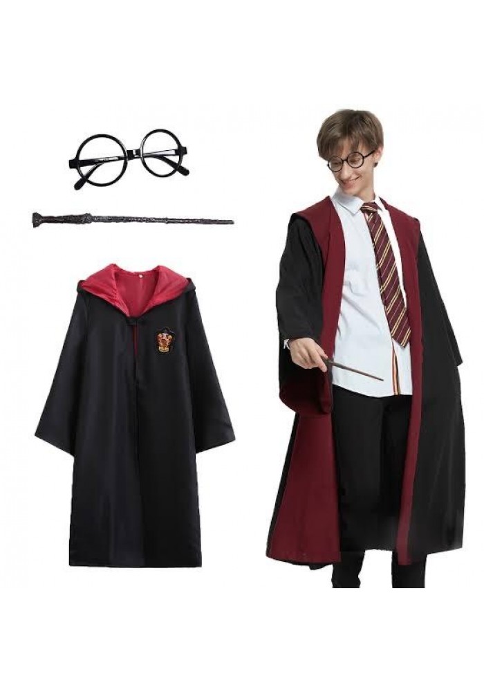 Harry Potter Gryffindor Kapişonlu çocuk Kostüm + Asa + Gözlük Seti 5-6 Yaş
