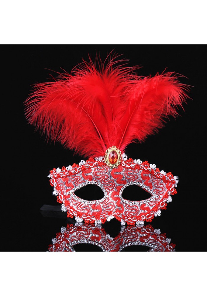 Kırmızı Dantel Işlemeli Kırmızı Tüylü Balo Parti Maskesi 17x20 Cm
