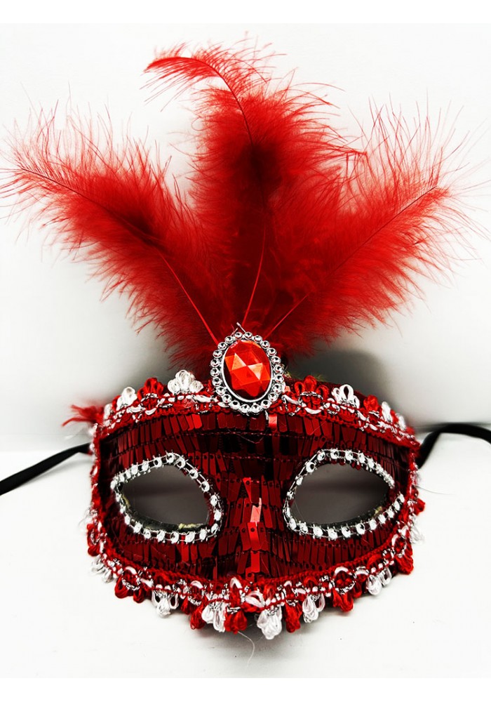 Kırmızı Renk Payetli Pullu Tüylü Parti Maskesi 17x20 Cm