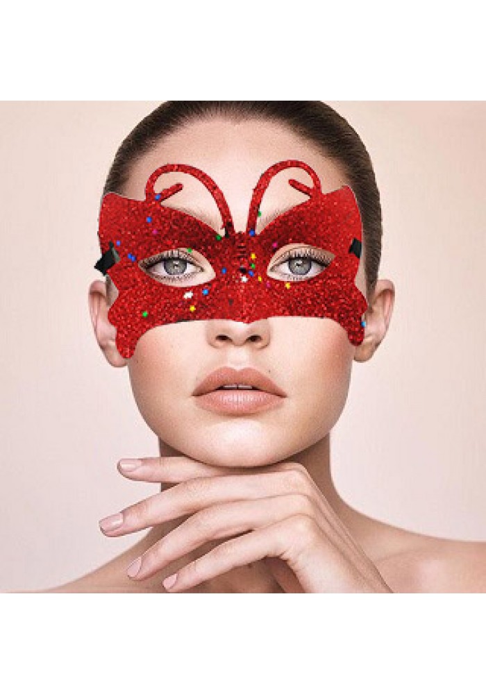 Kırmızı Renk Simli Kelebek Kostüm Partisi Maskesi 10x13 Cm