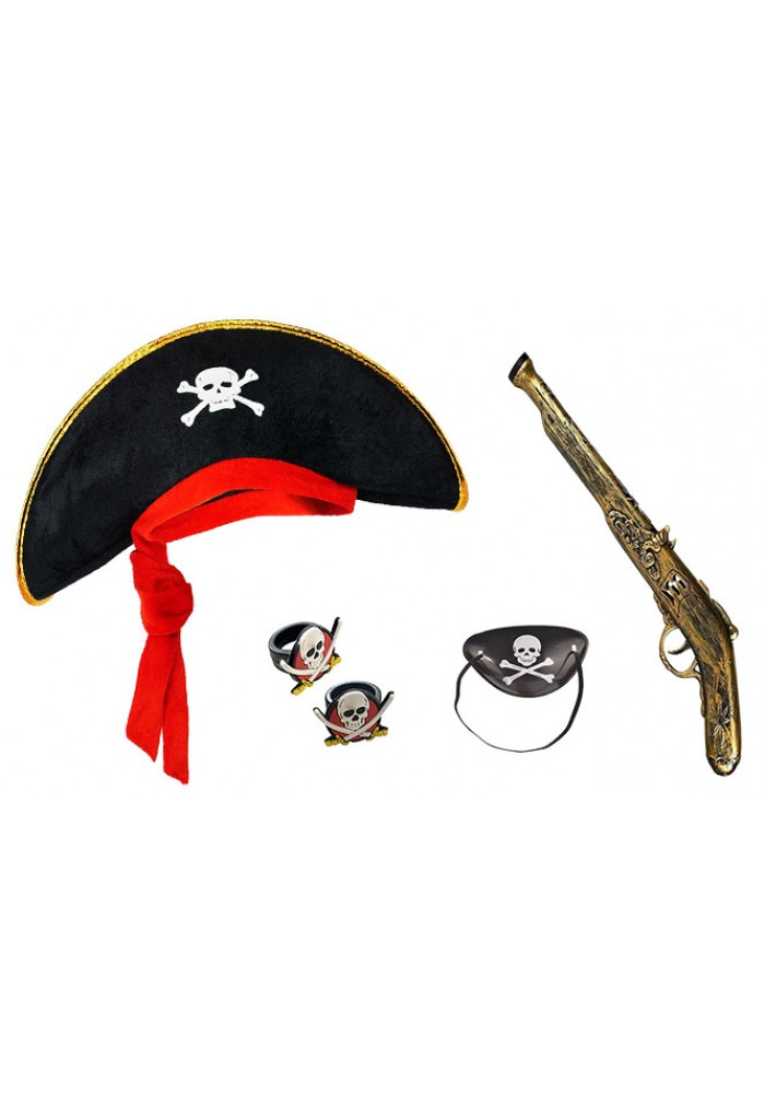 Korsan şapkası + Tabanca + Maske + 2 Adet Yüzük Kostüm Seti çocuk