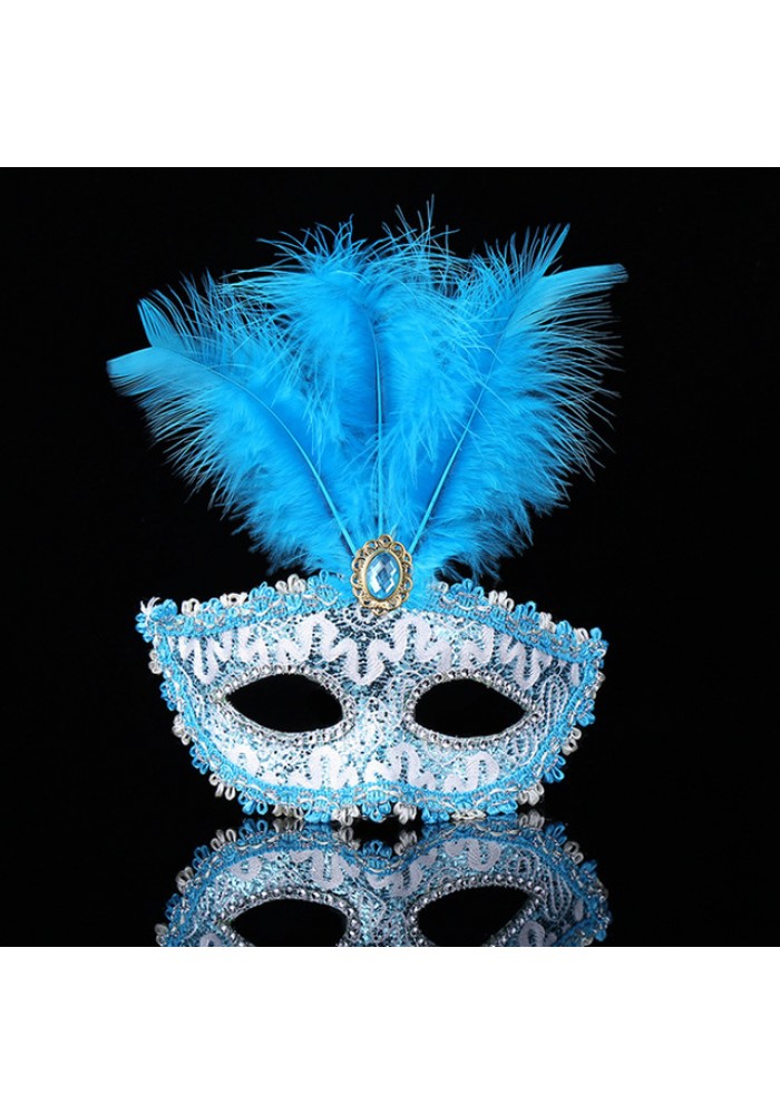 Mavi Dantel Işlemeli Mavi Tüylü Balo Parti Maskesi 17x20 Cm