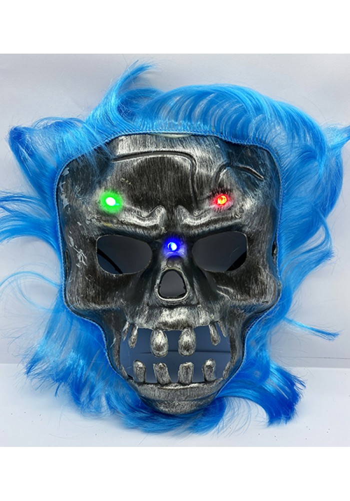 Mavi Saçlı Led Işıklı Kuru Kafa Iskelet Korku Maskesi 22x25 Cm