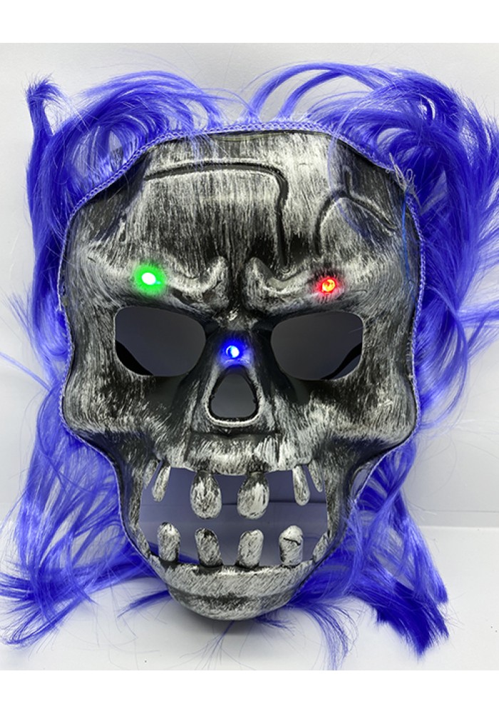 Mor Saçlı Led Işıklı Kuru Kafa Iskelet Korku Maskesi 22x25 Cm