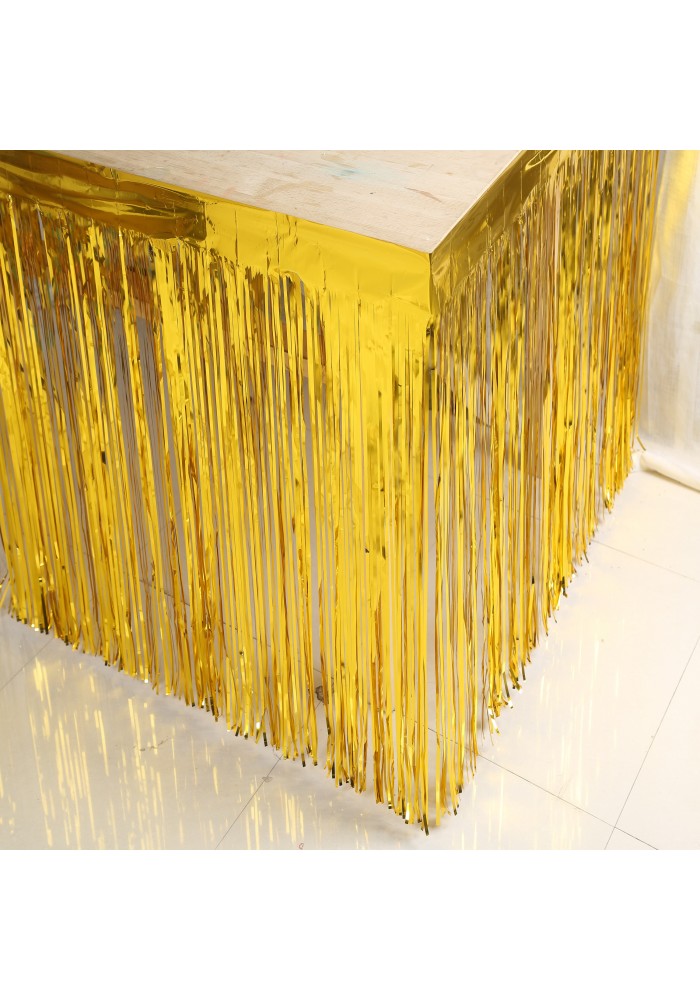 Püsküllü Işıltılı Metalize Altın Renk Masa Eteği 75 Cm X 4 M