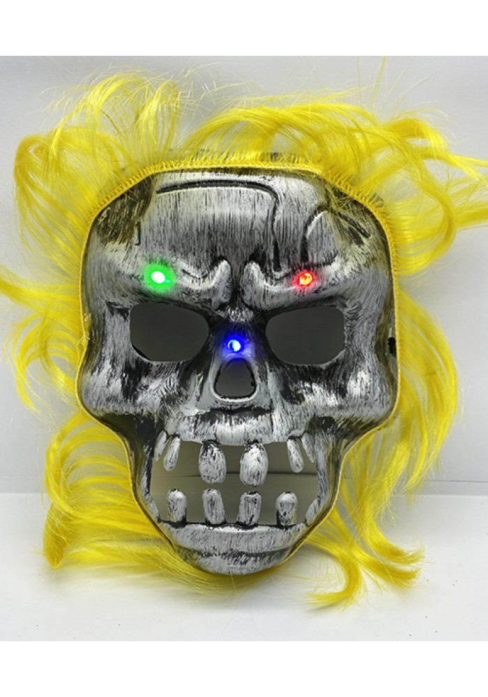 Sarı Saçlı Led Işıklı Kuru Kafa Iskelet Korku Maskesi 22x25 Cm
