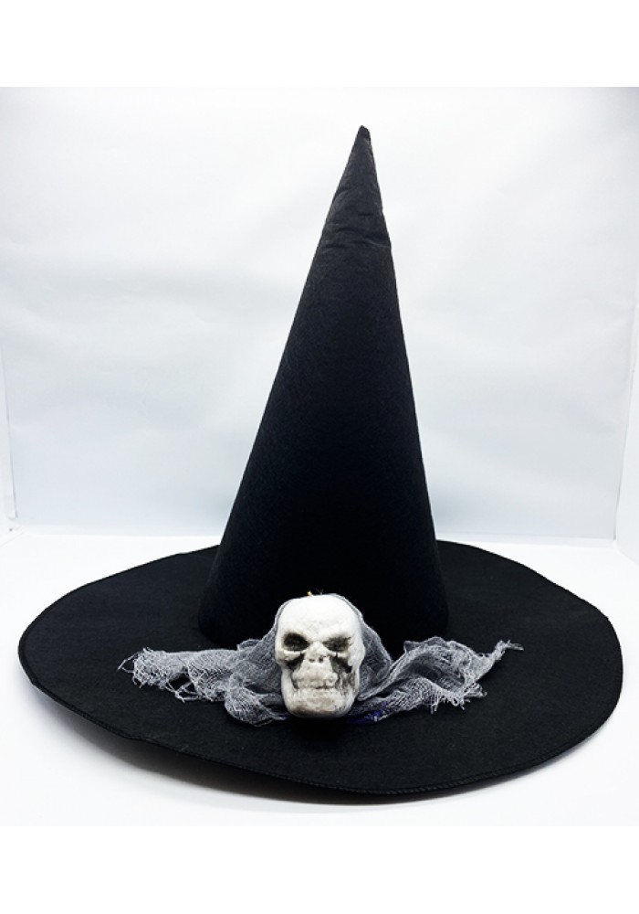 Siyah Renk Gri Duvaklı Kuru Kafa Temalı Cadı şapkası 35x38 Cm