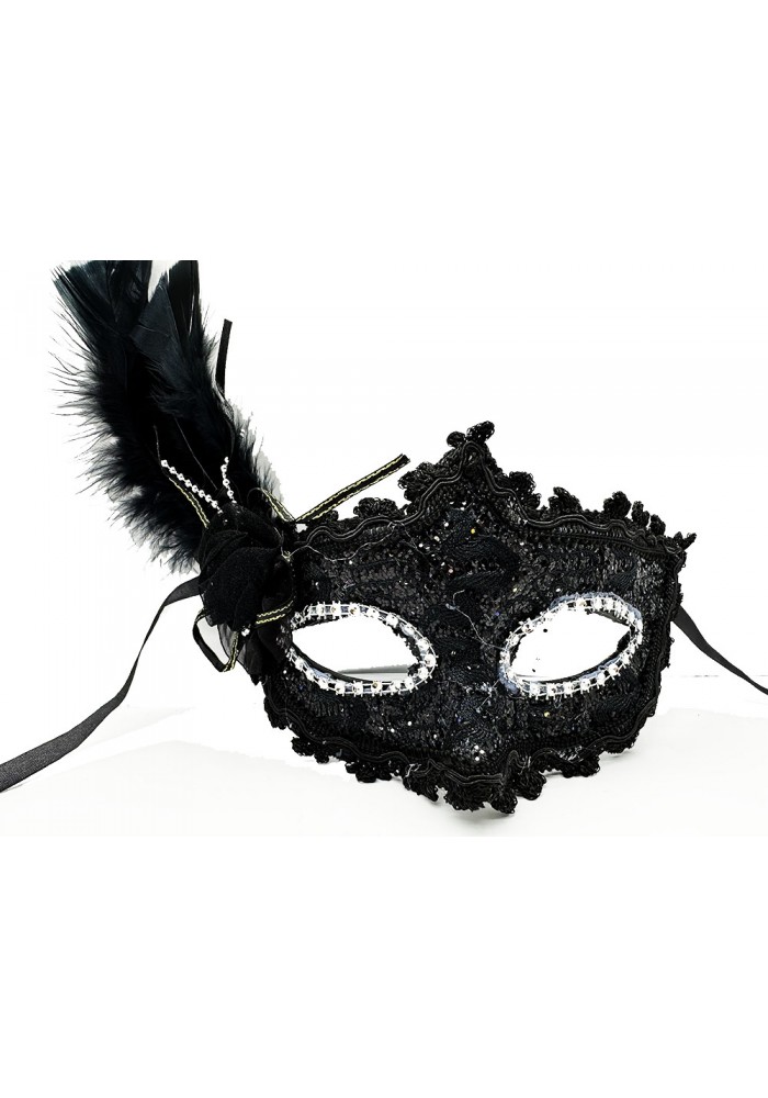 Siyah Renk Yandan Tüylü Dantel Parti Maskesi 20x20 Cm