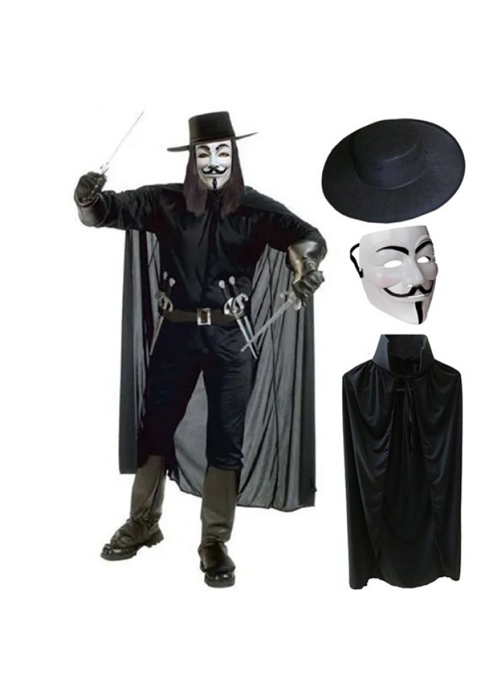 V For Vendetta Maskesi şapkası Ve Pelerin Kostüm Seti Yetişkin Boy