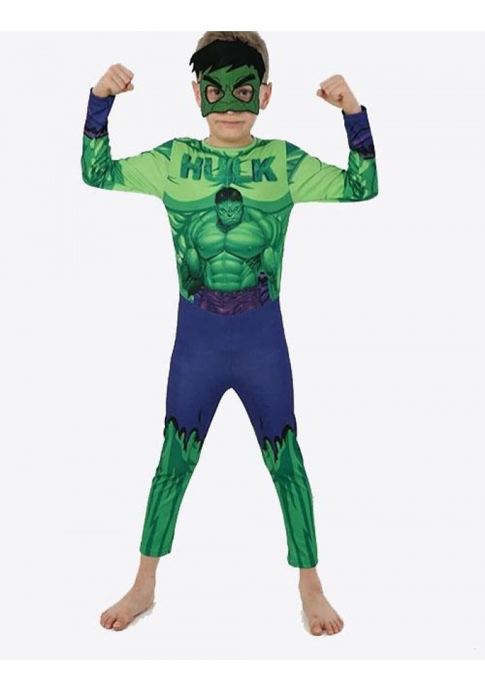Yeşil Maskeli Baskılı Hulk Kostümü çocuk Boy - Yeşil Dev Kostümü 11-12 Yaş