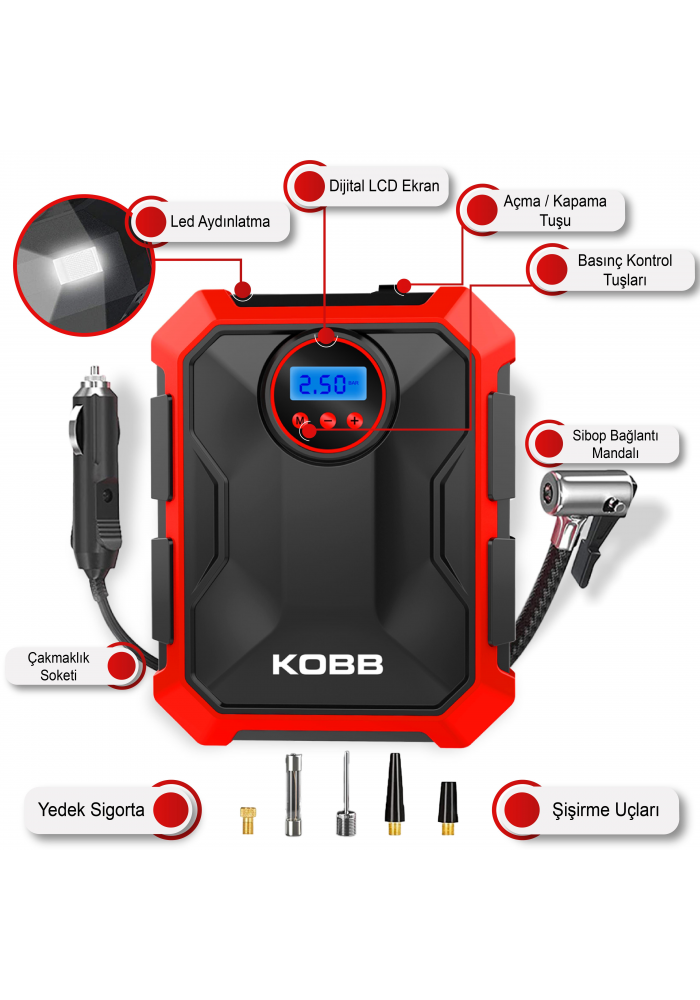 KOBB KB200 12Volt 150 PSI Ayarlanabilir Dijital Basınç Göstergeli Hava Lastik Şişirme Pompası